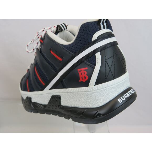 NIB BURBERRY UNION NAVY LEATHER MESH RED LOGO LOW TOP SNEAKERS 9 US 42 ITALY - Picture 1 of 12